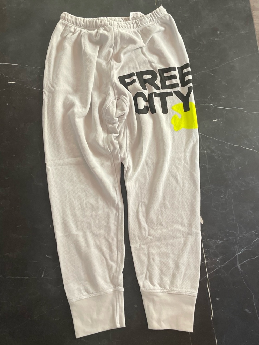 freecity White Joggers with Black Logo and Neon Yellow Accent size XS